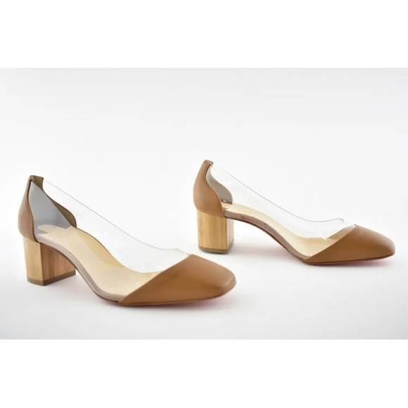 Christian Louboutin Grandola 55 Brown Leather PVC Block Heel Sandal Pump 37.5 - Picture 4 of 12